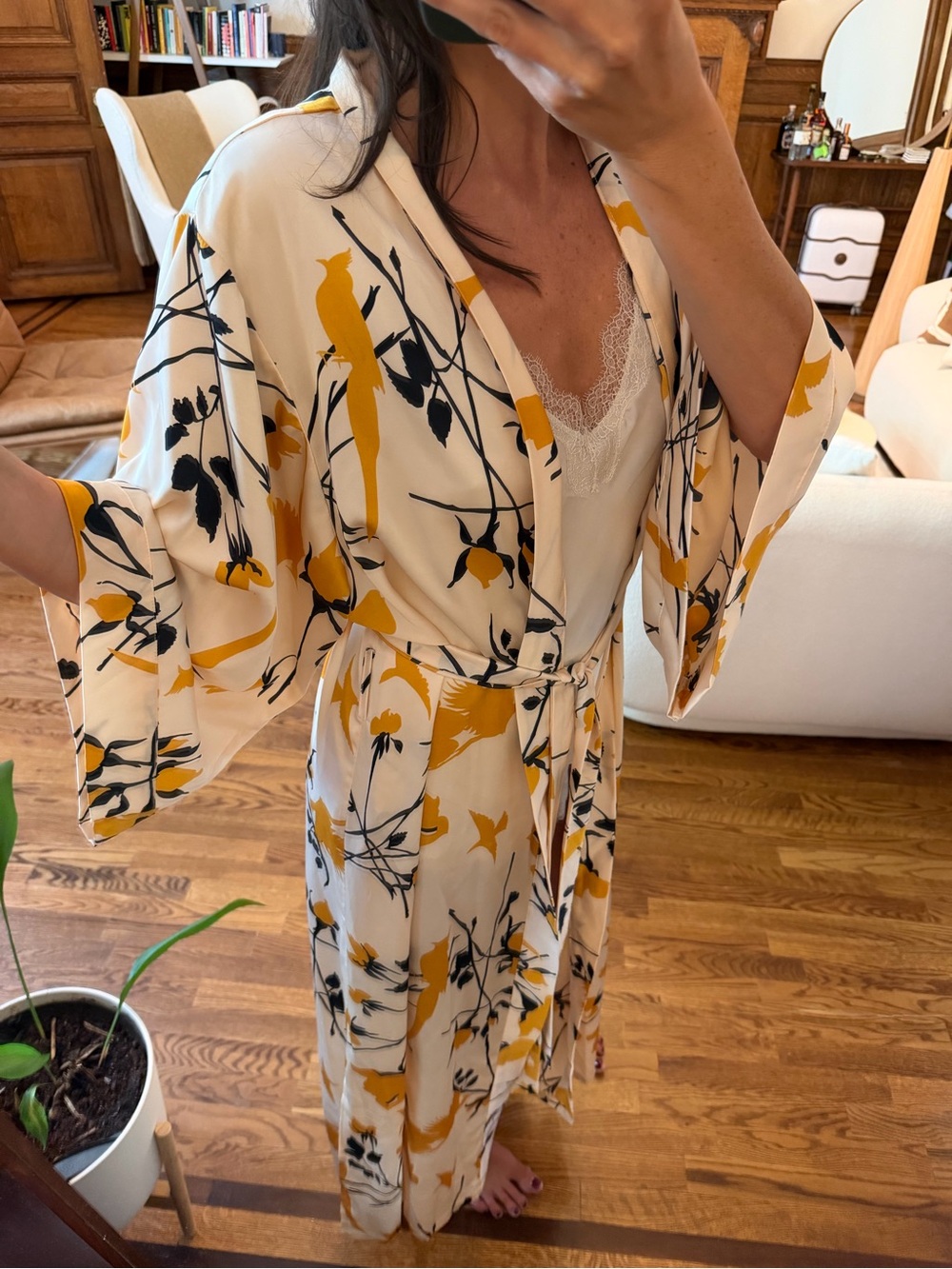Floral Satin Robe with Yellow & Black Print - One Size - Picture 2 of 4